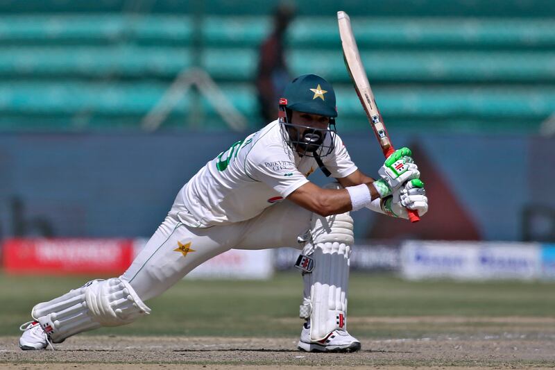 Mohammad Rizwan bats on the fifth day of the second Test in Karachi. AP