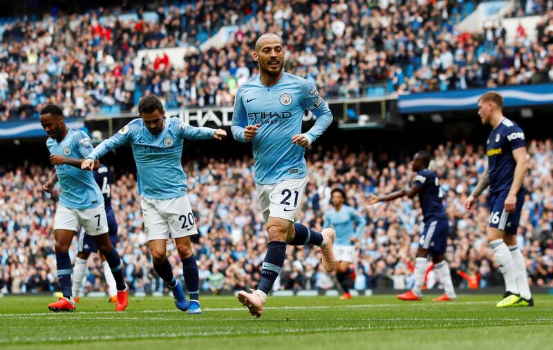 Manchester City's David Silva celebrates scoring their second goal against Fulham - their 34th unbeaten match in a row against promoted teams at the Etihad Stadium. Action Images via Reuters