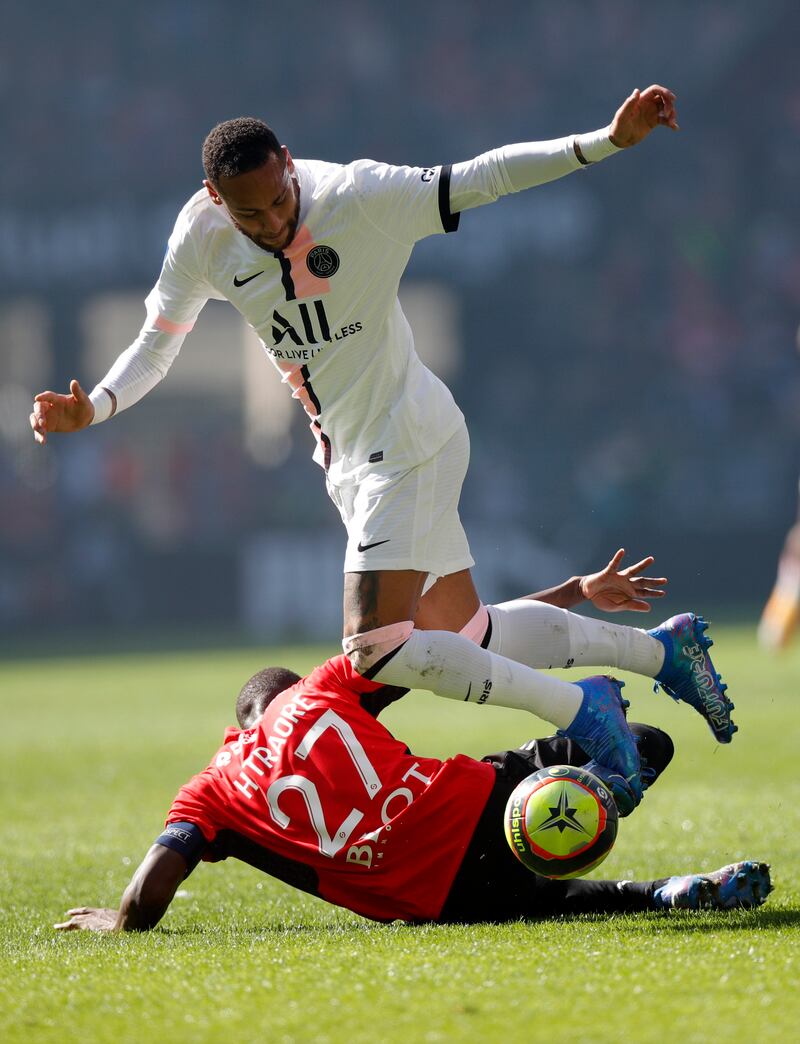 PSG's Neymaris tackled by Hamari Traore of Rennes. EPA