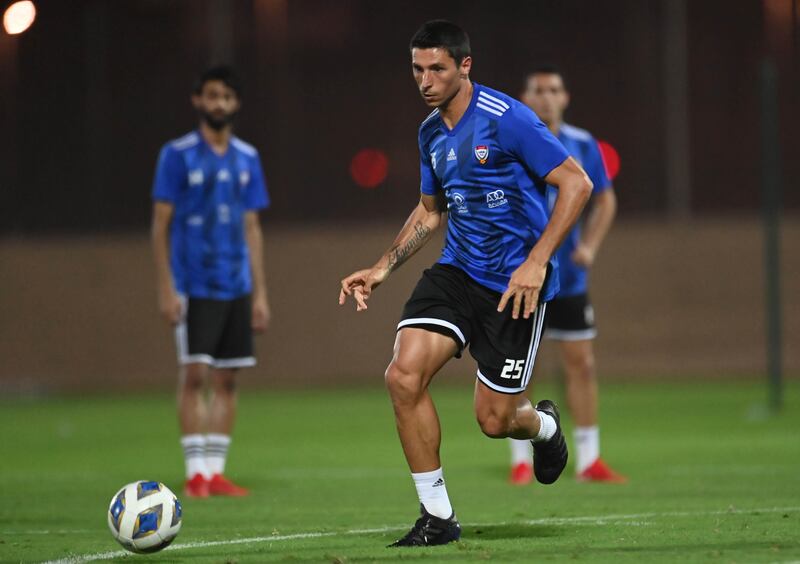 Striker Sebastian Tagliabue during UAE's training session at the Zabeel Stadium in Dubai ahead of their 2022 World Cup qualifier against Lebanon on Thursday.  Photo: UAE FA