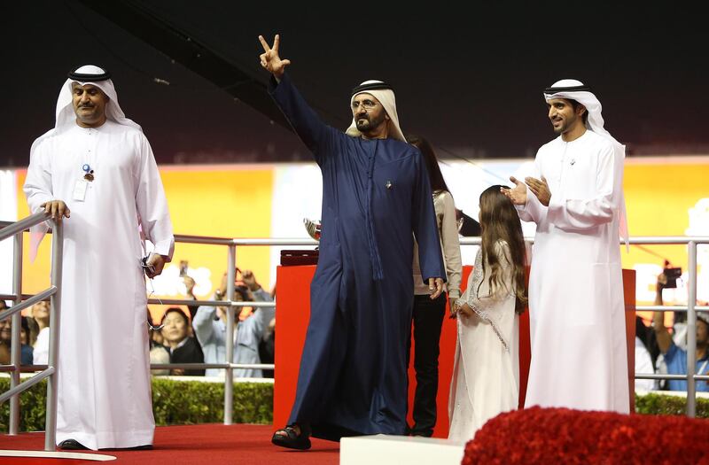 
DUBAI , UNITED ARAB EMIRATES Ð Mar 29 , 2014 : Sheikh Mohammed bin Rashid Al Maktoum , UAE Vice President and Prime Minister and Ruler of Dubai  in a jubilant mood after African Story ( GB ) number 6 ridden by Silvestre De Sousa won the Dubai World Cup 9th horse race ( 2000m All Weather ) at the Meydan Racecourse in Dubai. ( Pawan Singh / The National ) For Sports. Story by Jonathan Raymond
