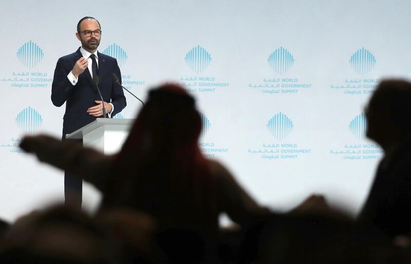 French Prime Minister Edouard Philippe delivers a speech during the opening of the World Government Summit in Dubai on February 11, 2018. / AFP PHOTO / KARIM SAHIB