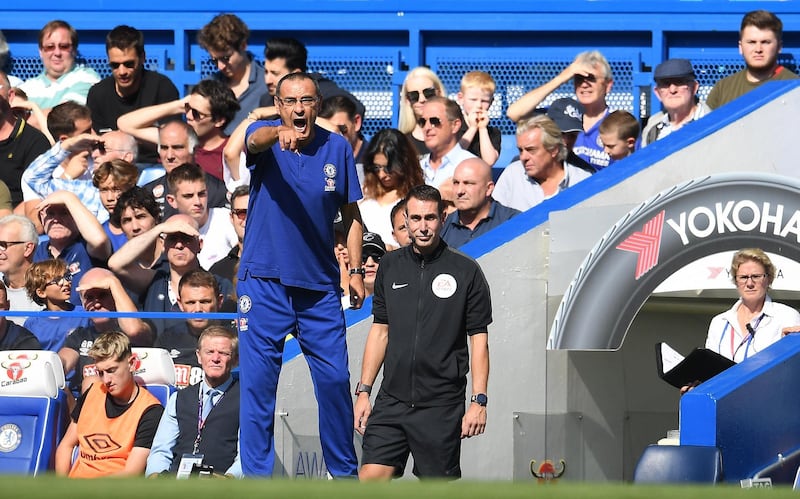 epa06990239 Chelsea's manager Maurizio Sarri reacts during the English Premier League soccer match between Chelsea and Bournemouth in London, Britain, 01 September  2018.  EPA/ANDY RAIN EDITORIAL USE ONLY. No use with unauthorized audio, video, data, fixture lists, club/league logos or 'live' services. Online in-match use limited to 120 images, no video emulation. No use in betting, games or single club/league/player publications.