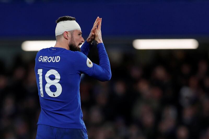 Soccer Football - Premier League - Chelsea vs West Bromwich Albion - Stamford Bridge, London, Britain - February 12, 2018   Chelsea's Olivier Giroud applauds the fans as he is substituted   Action Images via Reuters/Andrew Couldridge    EDITORIAL USE ONLY. No use with unauthorized audio, video, data, fixture lists, club/league logos or "live" services. Online in-match use limited to 75 images, no video emulation. No use in betting, games or single club/league/player publications.  Please contact your account representative for further details.