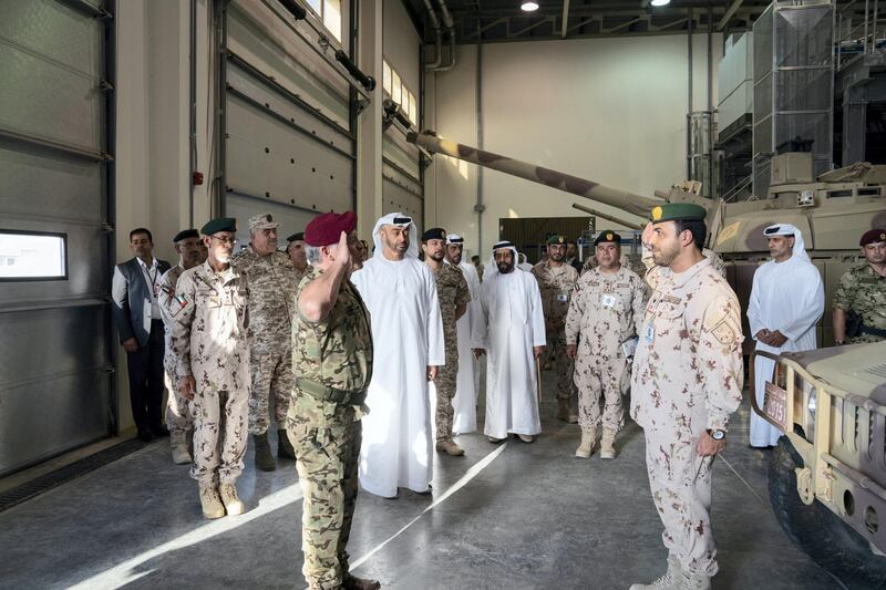 AL DHAFRA REGION, ABU DHABI, UNITED ARAB EMIRATES - June 26, 2019: HH Sheikh Mohamed bin Zayed Al Nahyan, Crown Prince of Abu Dhabi and Deputy Supreme Commander of the UAE Armed Forces (back C) and HM King Abdullah II, King of Jordan (front C), attend the UAE and Jordan joint military drill, Titled ‘Bonds of Strength’, at Al Hamra Camp. Seen with HE Lt General Hamad Thani Al Romaithi, Chief of Staff UAE Armed Forces, HRH Hussein bin Abdullah, Crown Prince of Jordan, HH Sheikh Tahnoon bin Mohamed Al Nahyan, Ruler's Representative in Al Ain Region.

( Mohamed Al Hammadi / Ministry of Presidential Affairs )
---