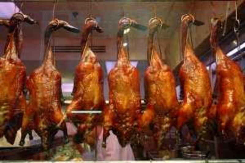Chinese roasted ducks in a restaurant