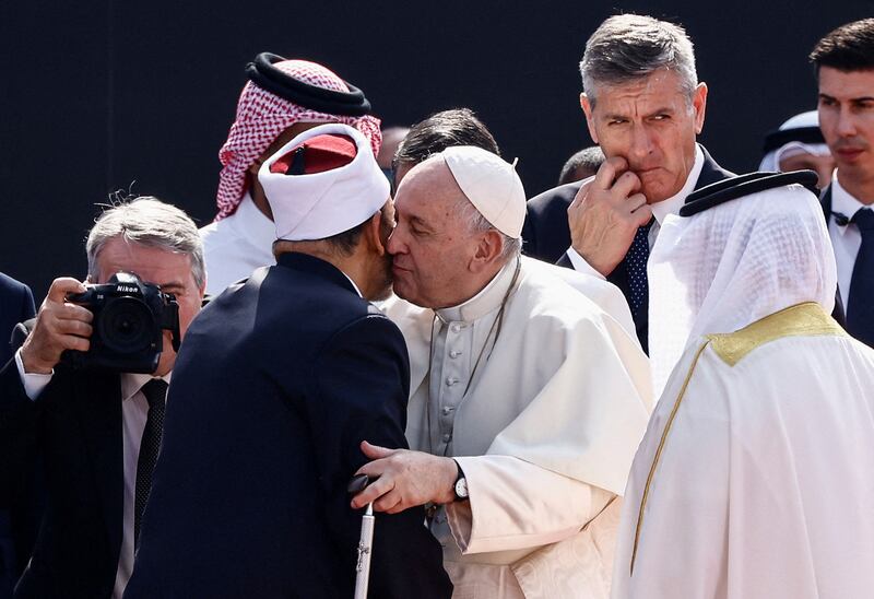 Pope Francis greets Grand Imam of Al-Azhar Ahmed Al-Tayeb as they attend the Bahrain Forum for Dialogue: East and West for Human Coexistence at Al-Fida' Square of Sakhir Royal Palace during Pope Francis' apostolic journey, south of Manama, Bahrain. Reuters