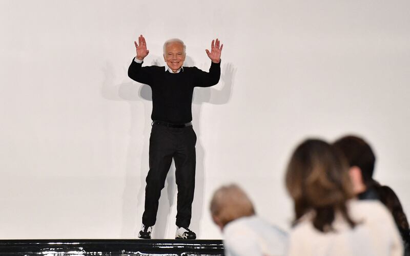 Designer Ralph Lauren greets guests at the Ralph Lauren Fall 2022 Collection show at the Museum of Modern Art in New York City. AFP