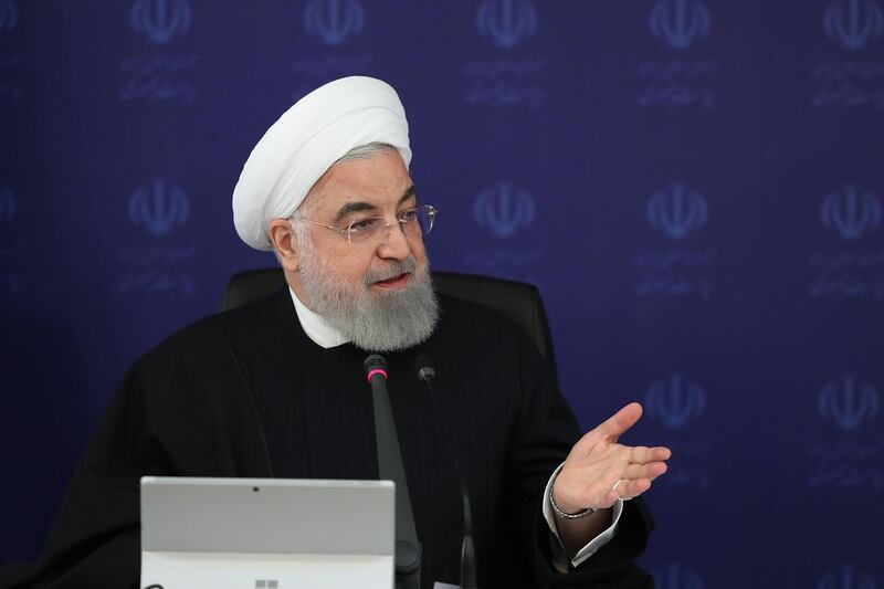 A handout picture provided by the Iranian Presidency on April 12, 2020, shows Iranian President Hassan Rouhani chairing a cabinet session in the capital Tehran. Iran announced 117 new deaths from the novel coronavirus, bringing the overall official toll to 4,474, even as it eased some restrictions that had been imposed to slow the spread of the illness. - === RESTRICTED TO EDITORIAL USE - MANDATORY CREDIT "AFP PHOTO / HO / IRANIAN PRESIDENCY" - NO MARKETING NO ADVERTISING CAMPAIGNS - DISTRIBUTED AS A SERVICE TO CLIENTS ===
 / AFP / Iranian Presidency / - / === RESTRICTED TO EDITORIAL USE - MANDATORY CREDIT "AFP PHOTO / HO / IRANIAN PRESIDENCY" - NO MARKETING NO ADVERTISING CAMPAIGNS - DISTRIBUTED AS A SERVICE TO CLIENTS ===
