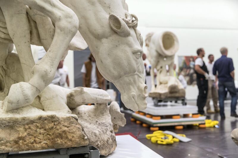 Abu Dhabi, United Arab Emirates, September 12, 2017:    Installation of the, Apollo's horses groomed by two tritons, Gilles Gu��rin, c.1670, statue at the Louvre Abu Dhabi on Saadiyat Island in Abu Dhabi on September 12, 2017. Christopher Pike / The National

Reporter: Nick Leech
Section: News