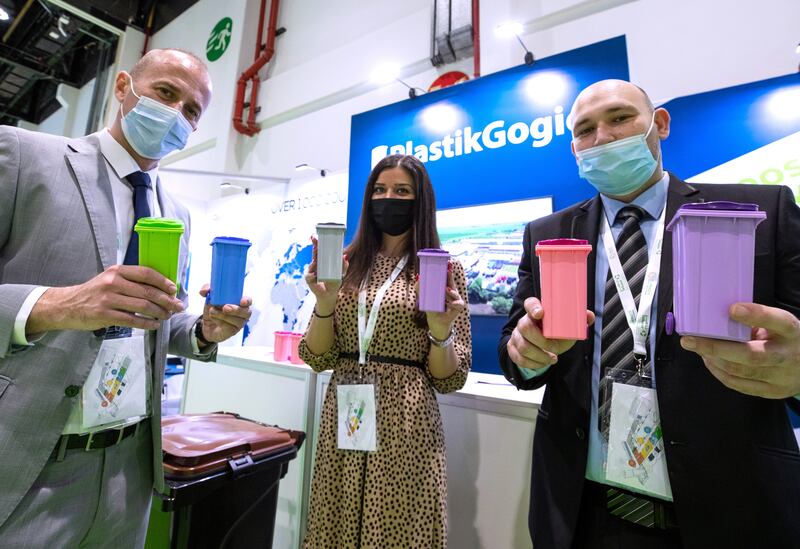 Zarco Bogovac, left, and his team at Serbia’s Plastik Gogic hold miniatures of their colourful bins