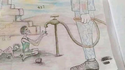 This drawing by a migrant artist nicknamed Aser, provided in 2019, shows a barefoot migrant in a detention center kneeling in front of a guard and begging for water while the guard holds it back. The temperature is 43 Celsius (109 Fahrenheit) and a starved migrant lies on the ground. Aser's sketches and paintings capture the claustrophobic reality of the Libyan detention centers, where thousands have been locked away, often for months or years, on their perilous journey to Europe, hoping for a better life. (Aser via AP)
