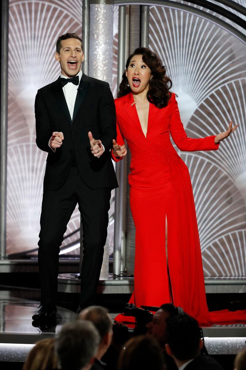 76th Golden Globe Awards – Show – Beverly Hills, California, U.S., January 6, 2019 - Sandra Oh and Andy Samberg host.Paul Drinkwater/NBC Universal/Handout via REUTERS For editorial use only. Additional clearance required for commercial or promotional use, contact your local office for assistance. Any commercial or promotional use of NBCUniversal content requires NBCUniversal's prior written consent. No book publishing without prior approval. No sales. No archives.