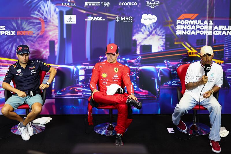 Charles Leclerc, second placed qualifier Sergio Perez and third placed qualifier Lewis Hamilton. Getty