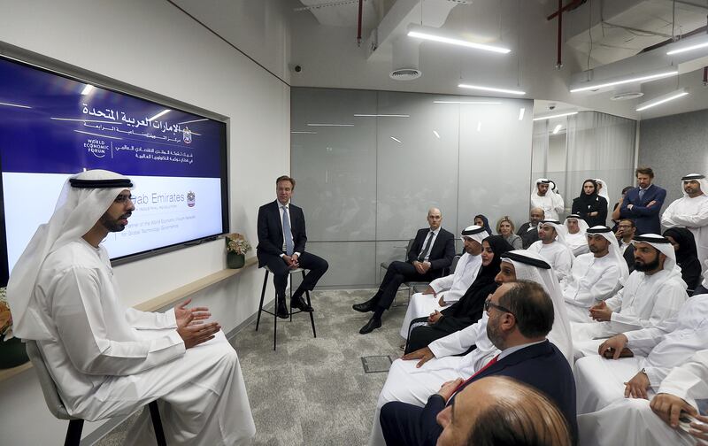 Dubai, March, 28, 2019: (L) Omar Sultan Al Olama, Minister of State for Artificial Intelligence and (R) Borge Brende, President, World Economic Forum, attends the media conference at the opening of the Centre for the Fourth Industrial Revolution (4IR) in Dubai. Satish Kumar/ For the National
