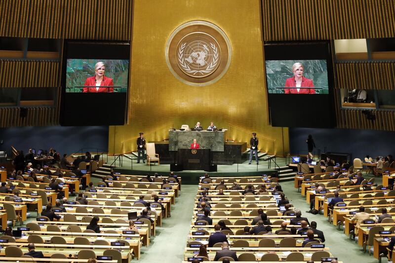 Croatian President Kolinda Grabar-Kitarovic speaks during the General Debate of the General Assembly of the United Nations at United Nations Headquarters.  EPA