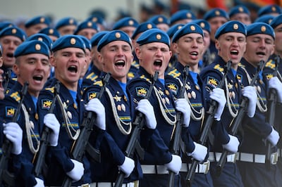 Russian servicemen march in Moscow's Red Square during the Victory Day military parade on Monday. AFP