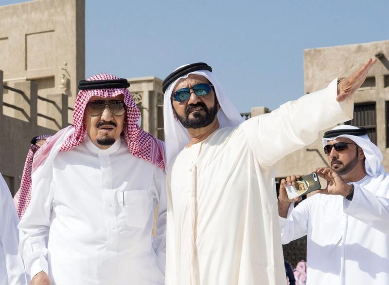 Saudi King Salman bin Abdulaziz, left, listens to Sheikh Mohammed bin Rashid, Vice President and Ruler of Dubai, during his visit to Dubai. Saudi Royal Palace / AFP Photo