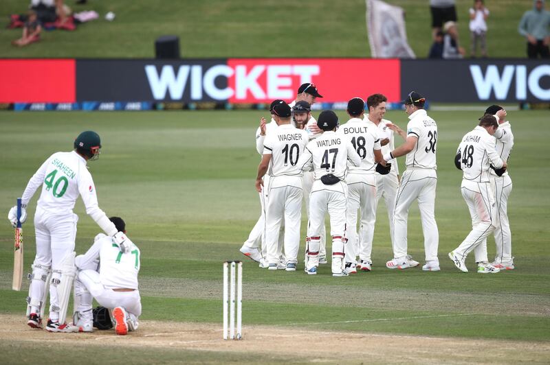 New Zealand celebrate the final wicket. Getty