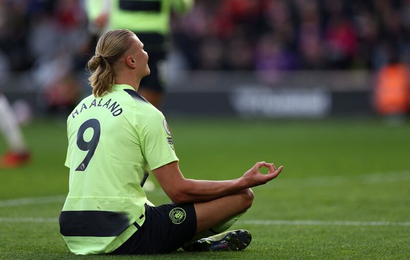 Manchester City's Norwegian striker Erling Haaland scored twice on his return from injury. AFP