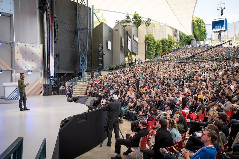 Sundar Pichai, chief executive officer of Google Inc., speaks during the Google I/O Developers Conference in Mountain View, California, U.S., on Tuesday, May 8, 2018. Each year, Google uses the start of its annual conference to set a narrative about how developers and the public should view the company. This time, the message was clear: Google is about technology for good. Photographer: David Paul Morris/Bloomberg