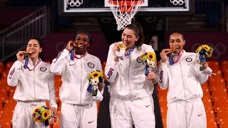 Women's basketball 3x3 gold medallists Allisha Gray, Kelsey Plum, Stefanie Dolson and Jacquelyn Young of the United States.