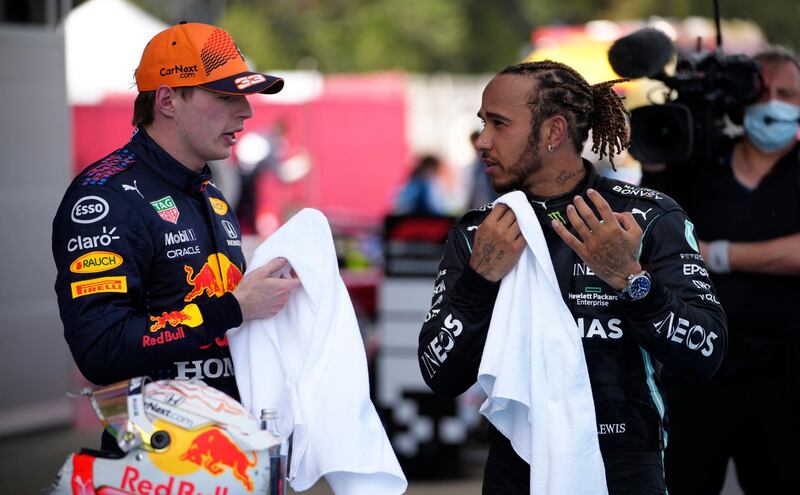 Mercedes driver Lewis Hamilton with second placed Red Bull driver Max Verstappen in Spain on Sunday. PA