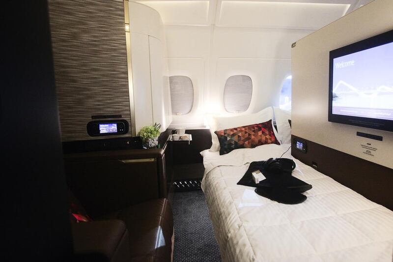 Inside one of The Residence cabins of Etihad Airways's A380, which includes a three-room suite and butler service. The Residence costs $20,000 on the Abu Dhabi-London route. Lee Hoagland / The National