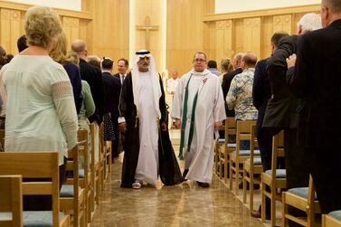 Sheikh Nahyan bin Mubarak, the UAE's Minister of Tolerance, at St Andrew's Church in Abu Dhabi with the Reverend Canon Andrew Thompson