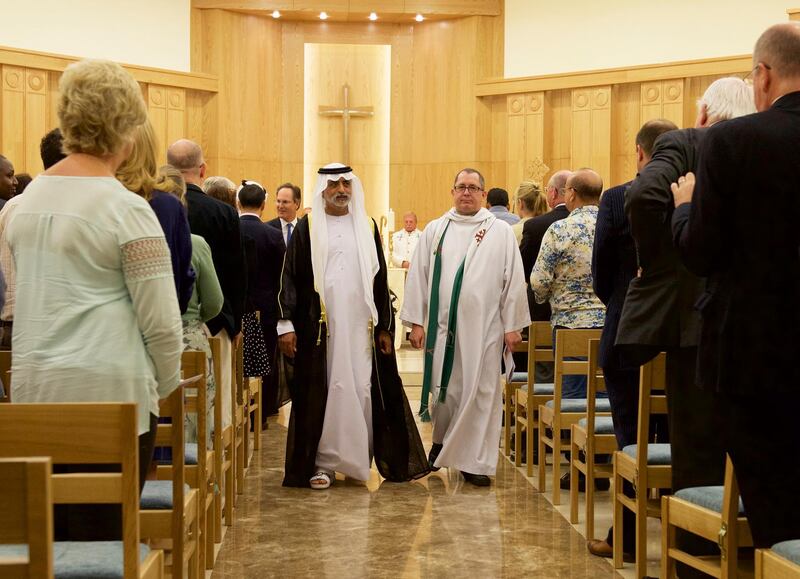 His Highness Sheikh Nahyan,Bishop Andrew Thompson, during reopening of St. Andrew's Church, in Abu Dhabi on October 8, 2015 ( Vidhyaa for The National ) *** Local Caption ***  St. Andrew's_4.jpg
