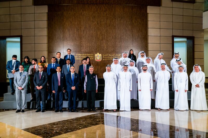 Sheikh Abdullah and his team pose for a picture with Dr Jaishankar and the Indian delegation.