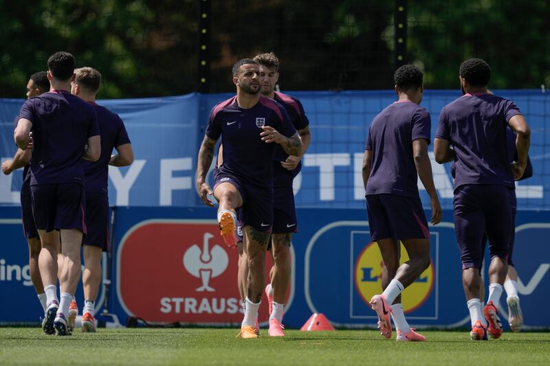 England defender Kyle Walker, centre, during training on June 24, 2024. England take on Slovenia in Cologne 24 hours later in their final Group C fixture at Euro 2024. AP
