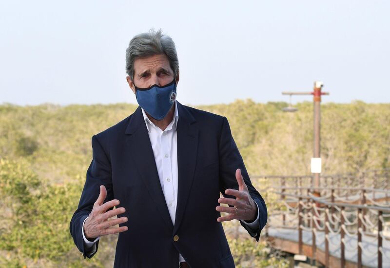 U.S. Special Presidential Envoy for Climate John Kerry speaks during a visit to Jubail Mangrove Park in Abu Dhabi, United Arab Emirates April 3, 2021. WAM/Handout via REUTERS  ATTENTION EDITORS - THIS IMAGE WAS PROVIDED BY A THIRD PARTY.