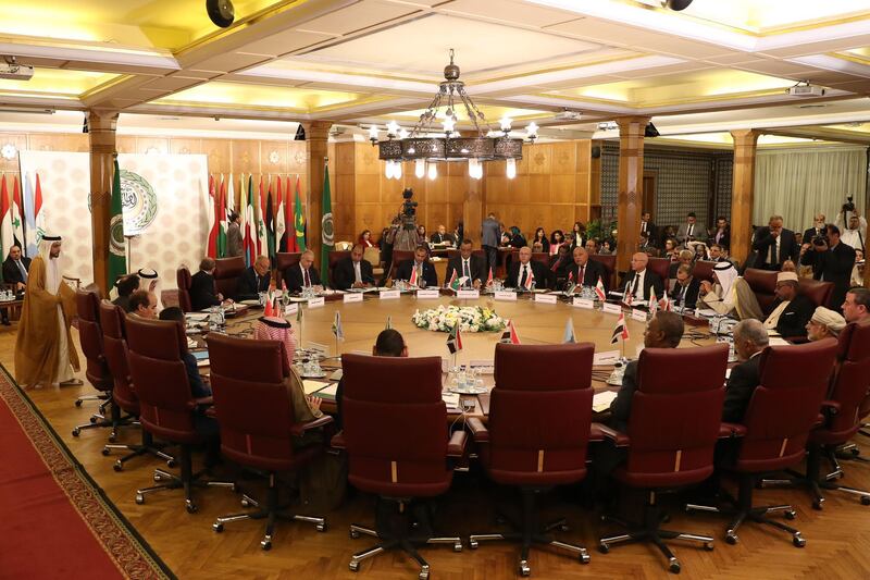 Representatives of the League of Arab states attend an emergency meeting at the Arab League headquarters in Cairo on October 12, 2019, to discuss Turkey's offensive on Syria.  / AFP / Mohamed el-Shahed
