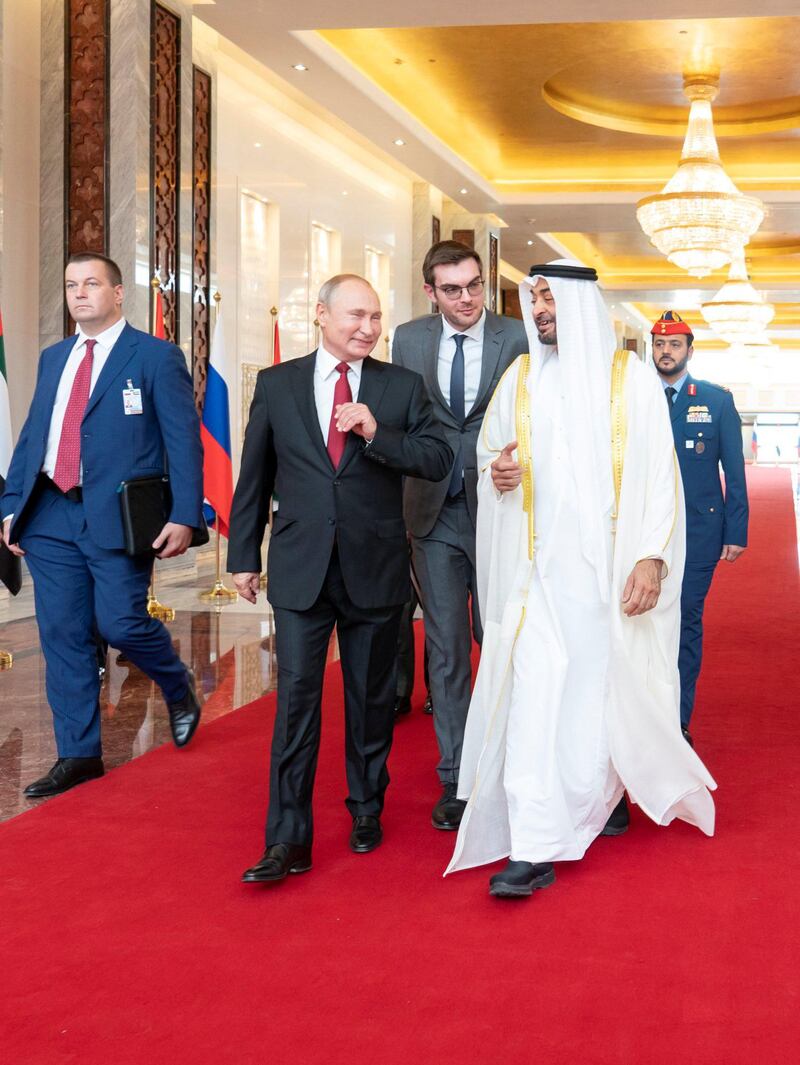 Mohamed bin Zayed receives Russian President Vladimir Putin at Qasr Al Watan, commencing a state visit to the UAE. Mohammed bin Zayed twitter account