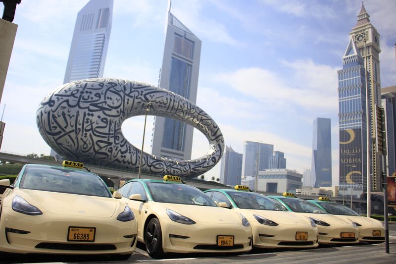 Some of the 269 Tesla Model 3s that have been added to Arabia Taxi's fleet