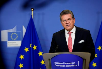 EU Brexit negotiator Maros Sefcovic speaks in Brussels after a meeting with his UK counterpart David Frost. AP 
