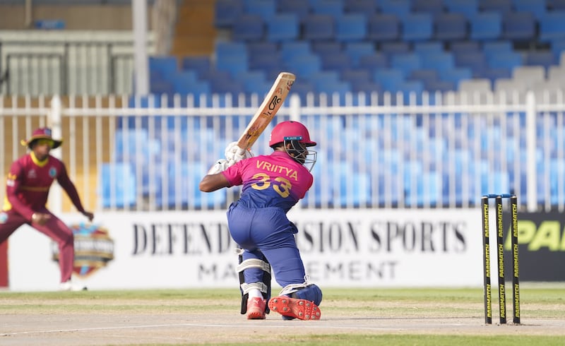 Vriitya Aravind hit three fours in his innings of 40 for UAE against West Indies at Sharjah. Photo: ECB