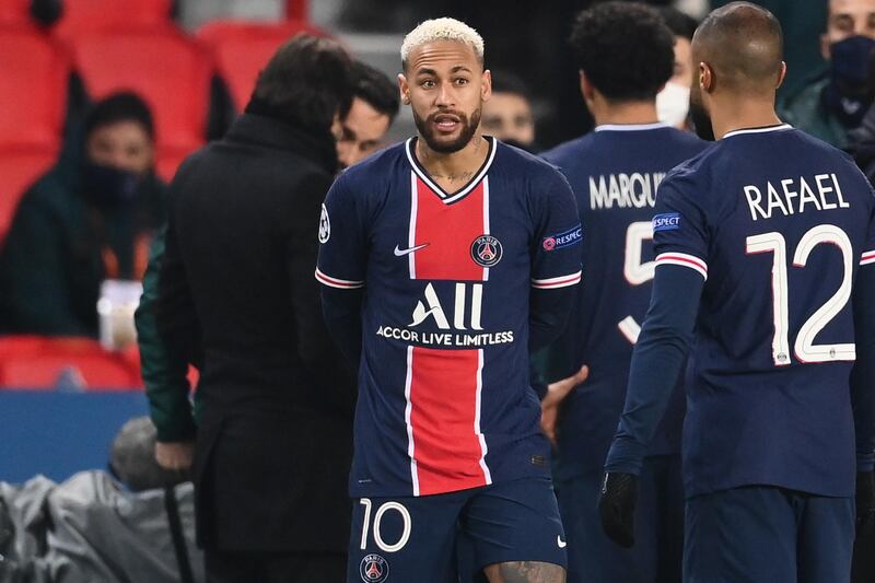 Neymar looks on after the game was suspended amid allegations of racism by one of the match officials. AFP