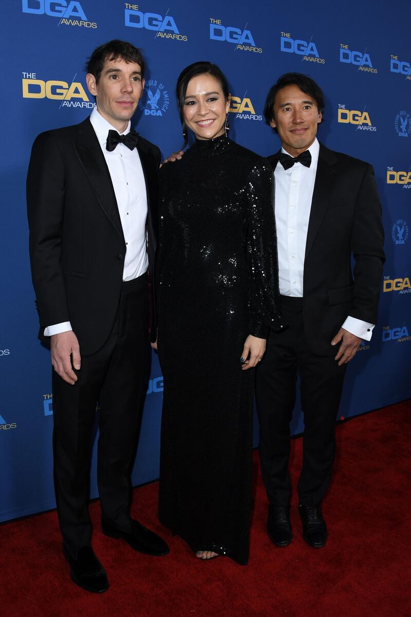 From left, Alex Honnold, Elizabeth Chai Vasarhelyi and Jimmy Chin at the 71st Annual Directors Guild Of America Awards in Los Angeles. AP