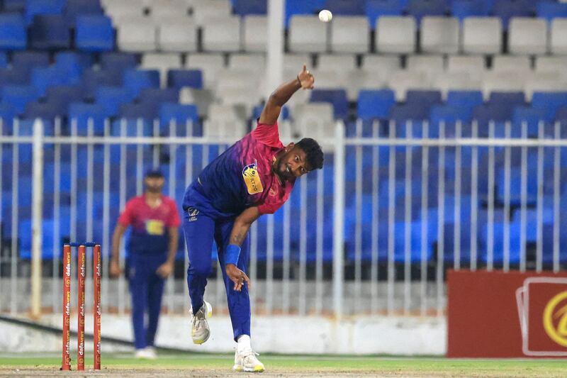 UAE's Karthik Meiyappan bowling during the one-day international against West Indies at Sharjah Cricket Stadium in June. AFP