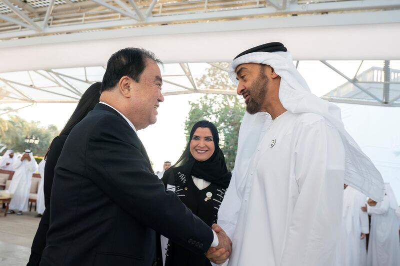 ABU DHABI, UNITED ARAB EMIRATES - December 5, 2018: HH Sheikh Mohamed bin Zayed Al Nahyan, Crown Prince of Abu Dhabi and Deputy Supreme Commander of the UAE Armed Forces (R), receives HE Moon Hee-Sang, President of National Assembly of South Korea (L), during a Sea Palace barza. Seen with HE Dr Amal Abdullah Al Qubaisi, Speaker of the Federal National Council (FNC) (C).

( Ryan Carter / Ministry of Presidential Affairs )
---