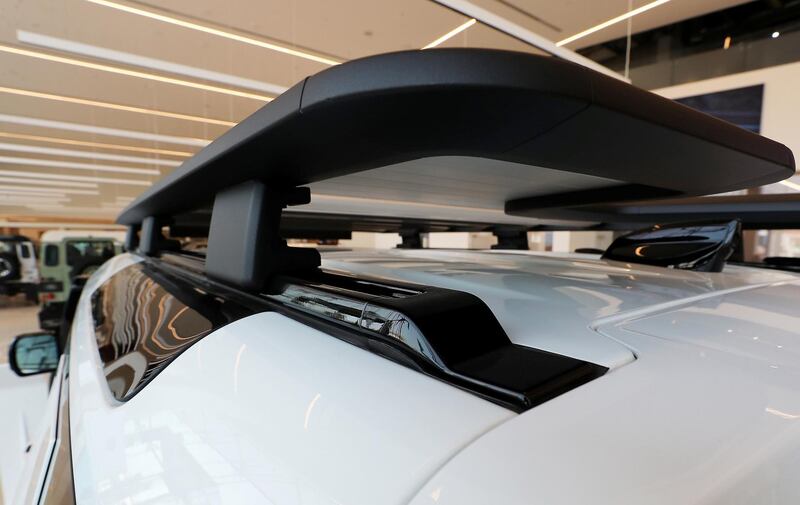 DUBAI, UNITED ARAB EMIRATES , June 27 – 2020 :- Roof bars on the Land Rover Defender SE model on display at the Land Rover Defenders showroom on Sheikh Zayed Road in Dubai. (Pawan Singh / The National) For Motoring. Story by Simon