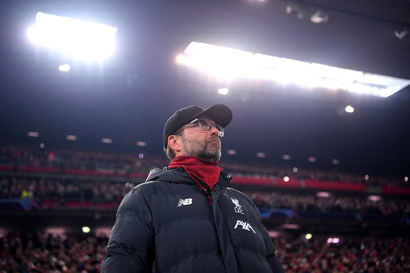 LIVERPOOL, ENGLAND - NOVEMBER 05: Jurgen Klopp, Manager of Liverpool looks on prior to the UEFA Champions League group E match between Liverpool FC and KRC Genk at Anfield on November 05, 2019 in Liverpool, United Kingdom. (Photo by Laurence Griffiths/Getty Images)