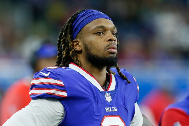 Buffalo Bills defensive back Damar Hamlin remains in hospital after his heart stopped following a tackle on Monday Night. AP Photo