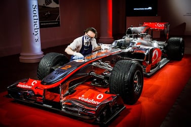 LONDON, ENGLAND - MAY 18: The first Lewis Hamilton Formula 1 race winning car to come to the market goes on view at Sotheby's on May 18, 2021 in London, England. The live auction takes place at the 2021 British Grand Prix at Silverstone on Saturday 17 July.. Winner of the 2010 Turkish Grand Prix, the McLaren Mercedes MP4-25A is offered by Formula 1 and RM Sotheby’s, estimate: $5-7million. (Photo by Tristan Fewings/Getty Images for Sotheby's)