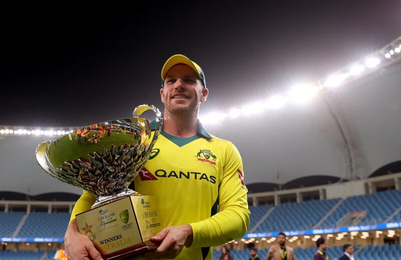 DUBAI, UNITED ARAB EMIRATES - MARCH 31: Aaron Finch of Australia hold the winning trophy after the 5th One Day International match between Pakistan and Australia at Dubai International Stadium on March 31, 2019 in Dubai, United Arab Emirates. (Photo by Francois Nel/Getty Images)