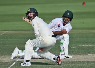 Pakistan's Fakhar Zaman plays a shot during their test match against Australia in Abu Dhabi, United Arab Emirates, Wednesday, Oct. 17, 2018. (AP Photo/Kamran Jebreili)