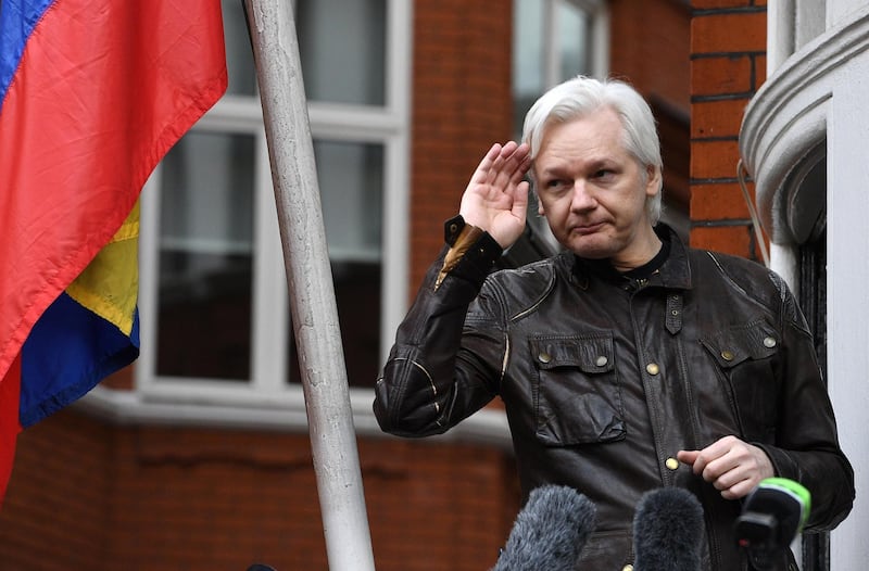 epa06431482 (FILE) - Wikileaks founder Julian Assange speaks to reporters on the balcony of the Ecuadorian Embassy in London, Britain, 19 May 2017 (reissued 11 January 2018). Ecuador's foreign ministry on 11 January 2018 said it had natualised WikiLeaks founder Julian Assange on 12 December 2017. Assange had been staying in Ecuadorian embassy in London 2012, where he has found refuge.  EPA/FACUNDO ARRIZABALAGA *** Local Caption *** 53530415