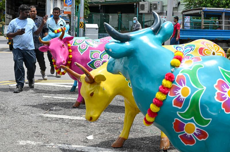 Statues of oxen displayed outside a market at Little India district in Singapore. AFP